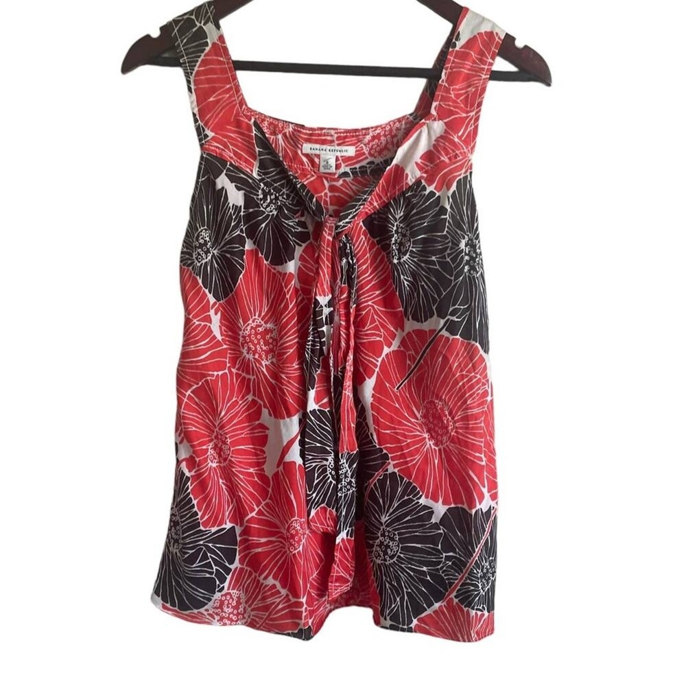 Y2K Banana Republic Women Top S Red Black Tropical Floral‎ Babydoll Festival